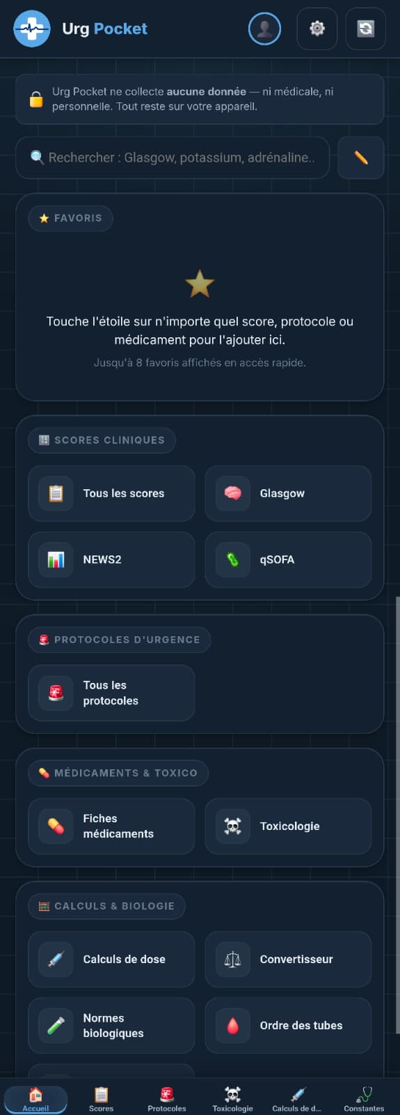 Écran d'accueil d'Urg Pocket : recherche, favoris, scores cliniques, protocoles, médicaments et calculs.