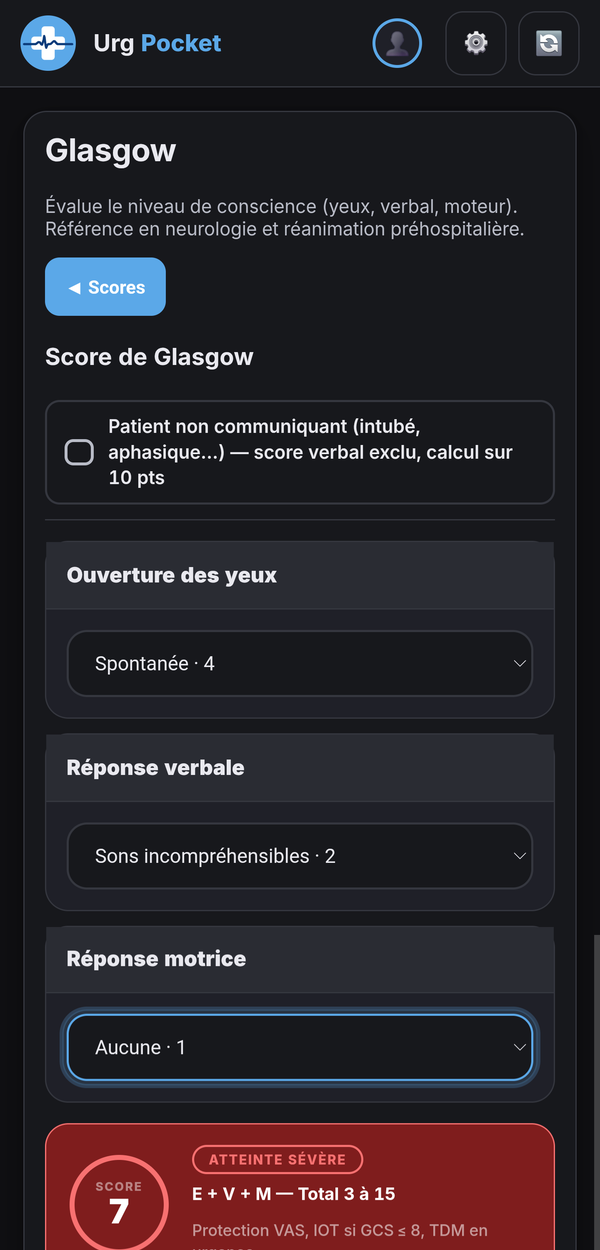 Score de Glasgow avec résultat rouge