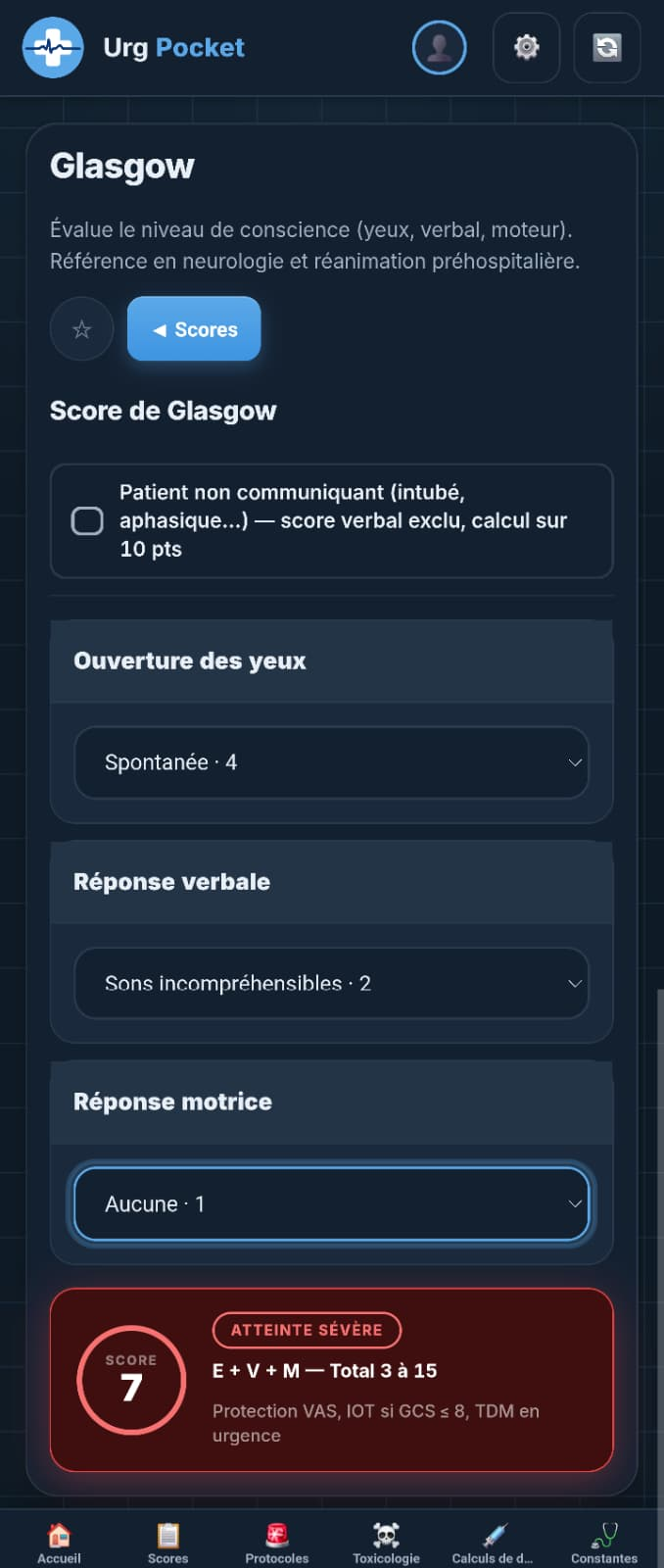 Score de Glasgow calculé, résultat affiché en rouge avec son interprétation.