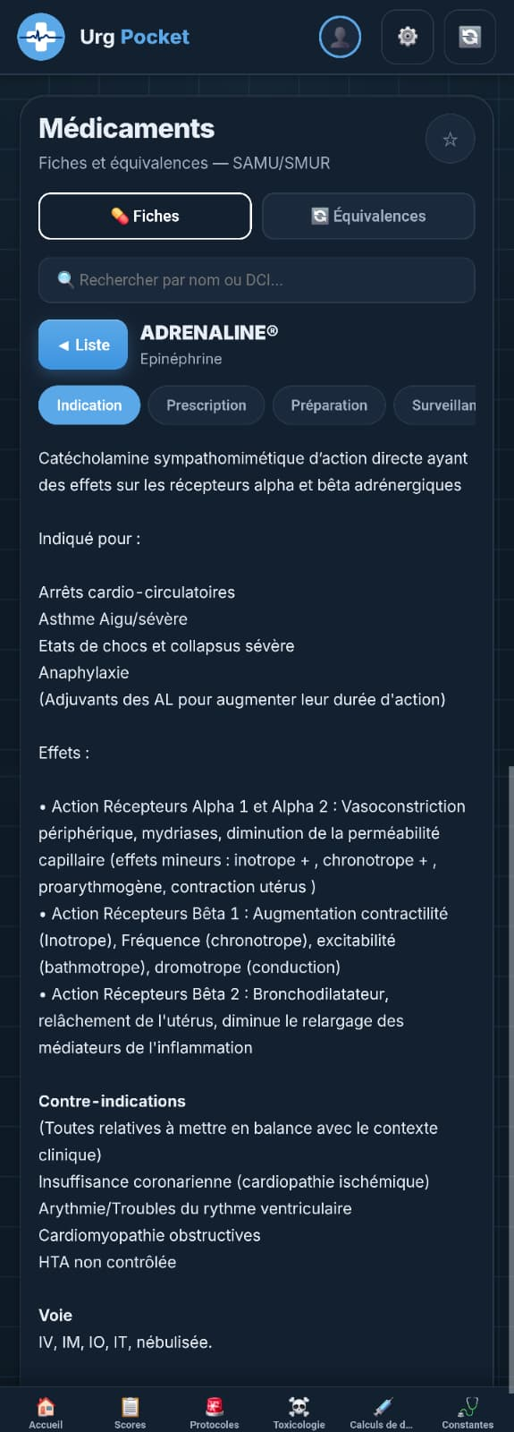 Fiche médicament de l'adrénaline : indications, voies, posologies.