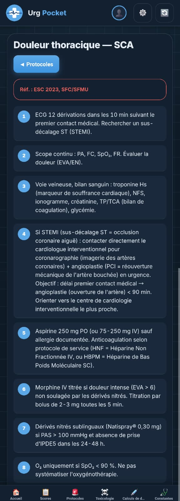 Protocole du syndrome coronarien aigu avec ses étapes numérotées.