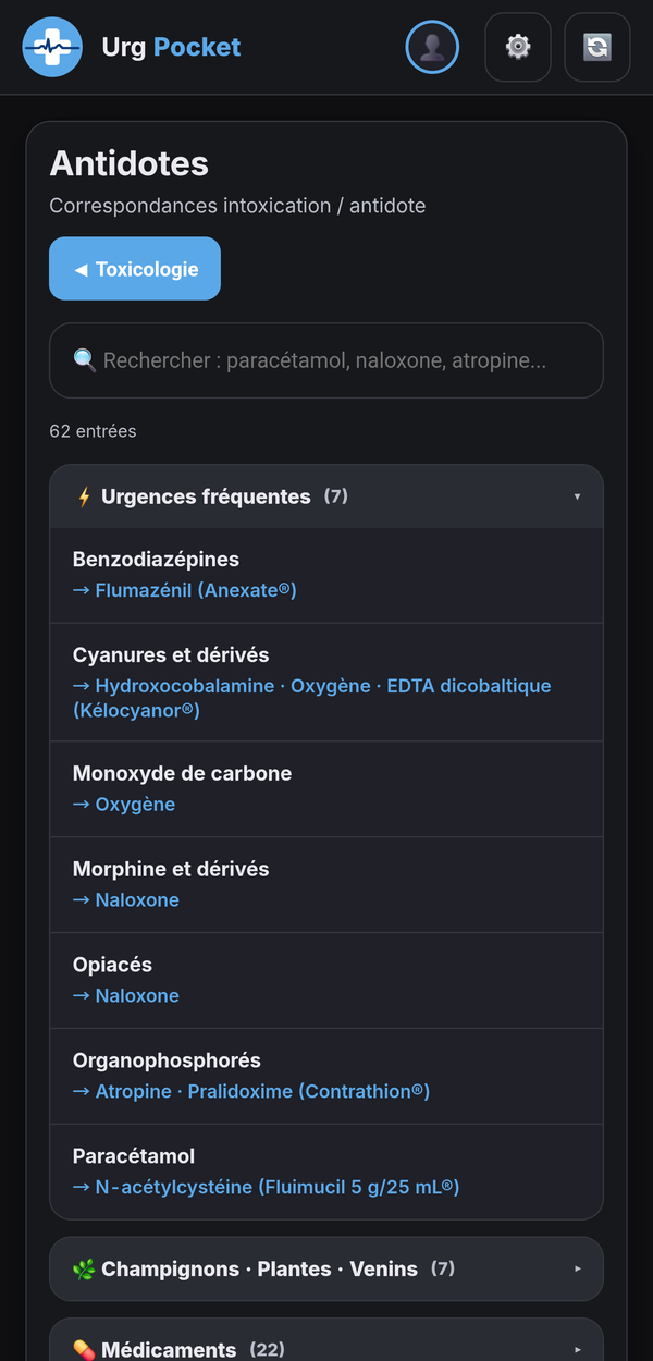 Liste des antidotes et intoxications