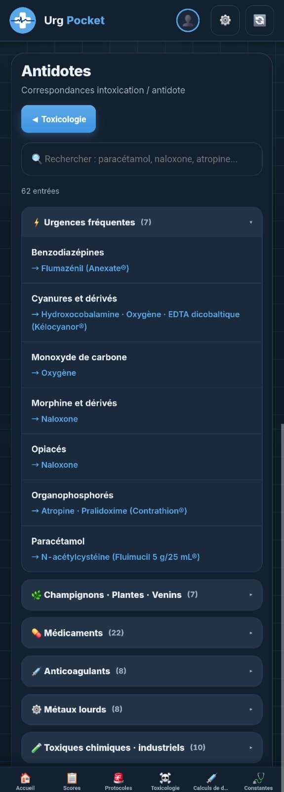 Liste des intoxications et de leurs antidotes.
